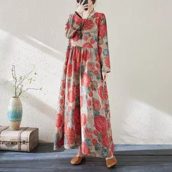 Винтажное платье в стиле ретро с принтом Johnature и круглым вырезом, женское весеннее свободное платье с длинными рукавами L красный