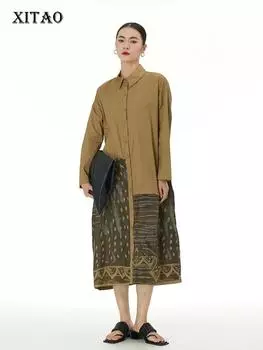 Винтажное платье XITAO, свободное, с отложным воротником и длинными рукавами, однобортное модное женское платье с принтом LYD1634