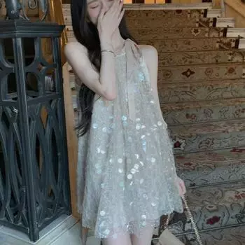 Винтажное платье Y2k с французскими пайетками 2000-х годов, женское мини-платье без рукавов в пляжном стиле, Новое лето 2024, облегающее даже вечернее короткое платье S абрикосовый