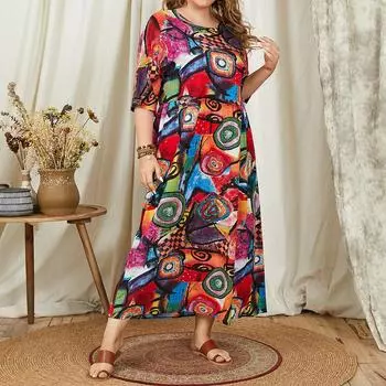 Винтажное платье женское свободное длинное платье с круглым вырезом и рукавом 3/4 с принтом граффити плюс размер FZH S красный