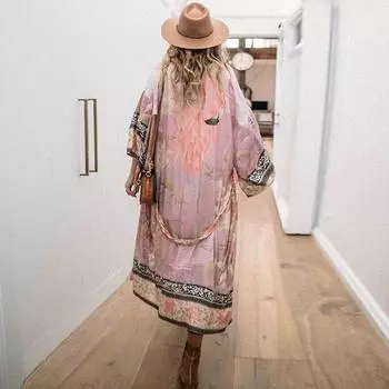 Винтажное пляжное кимоно с цветочным принтом, женские накидки для купальников, летний богемный праздничный купальник, накидка, купальные костюмы One Size оранжевый