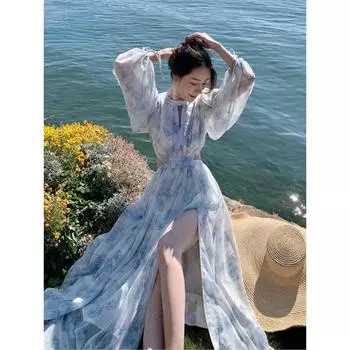 Винтажное пляжное платье миди с цветочным принтом, женское элегантное открытое корейское праздничное платье с разрезом, женское повседневное платье феи с длинными рукавами S синий