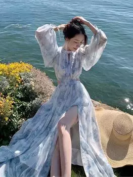 Винтажное пляжное платье миди с цветочным принтом, женское элегантное открытое корейское праздничное платье с разрезом, женское повседневное платье феи с длинными рукавами