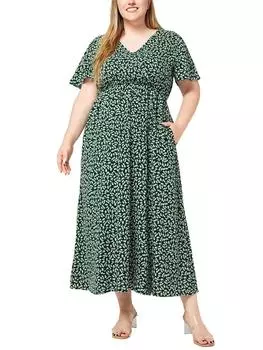 Винтажное повседневное цельное свободное платье больших размеров для женщин, Франция, дизайн, платья с короткими рукавами и принтом, женская мода, открытая вилка, одежда с V-образным вырезом, женская одежда XL зелёный