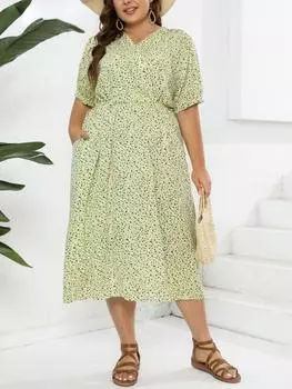 Винтажное повседневное цельное свободное платье больших размеров для женщин, Франция, дизайн, платья с короткими рукавами и принтом, женская мода, с морщинами, с V-образным вырезом, одежда для леди XL зелёный