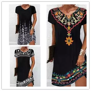 Винтажное повседневное платье А-силуэта Элегантное женское платье с этническим цветочным принтом 3D Летнее свободное платье с круглым вырезом и короткими рукавами Vestidos S