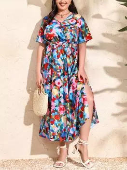 Винтажное повседневное платье больших размеров с V-образным вырезом, женское платье французского дизайна с коротким рукавом, платья в форме слова, женская мода, элегантная шифоновая свободная одежда с принтом, женская новинка XL синий
