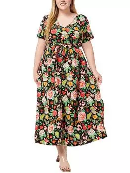 Винтажное повседневное платье больших размеров с принтом А-силуэта, женское модное элегантное свободное платье с коротким рукавом, женское летнее облегающее платье с V-образным вырезом на шнуровке XL чёрный