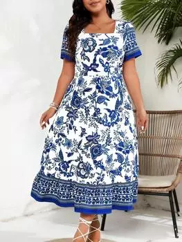 Винтажное повседневное платье с квадратным вырезом и натуральным подолом, женское элегантное свободное платье с принтом в виде слова, длинные платья, женская эстетичная праздничная одежда с короткими рукавами L синий