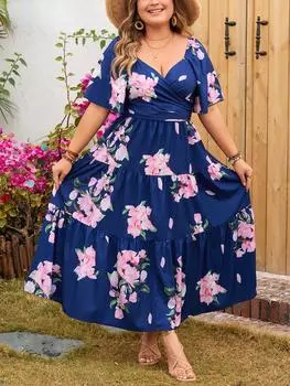 Винтажное повседневное платье с v-образным вырезом и рюшами по подолу, женское элегантное свободное платье с принтом в виде слова, длинные платья, женская эстетичная праздничная одежда с короткими рукавами XL синий