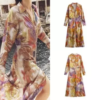 Винтажное повседневное шикарное женское платье с цветочным принтом и отложным воротником с длинными рукавами, Vestidos, новая мода 2024, весеннее праздничное платье XS бежевый