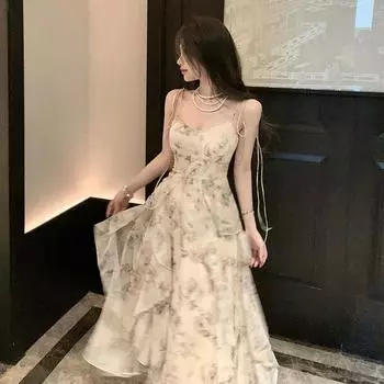 Винтажное принтованное платье для женщин с бретельками без рукавов, облегающее, с оборками, шифоновое, повседневное, корейское, длинное, женская одежда, лето S бежевый