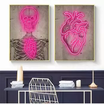 Винтажное розовое сердце, ретро постеры и принты, череп, неоновое сердце, картина на холсте, настенная живопись для декора гостиной, Cuadros 21cm30cm No Frame