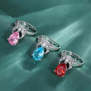 Винтажное рубиновое кольцо, цветное сокровище, кольцо с цирконием, высокоуглеродистый бриллиант, кольцо с имитацией турмалина в форме капли воды.