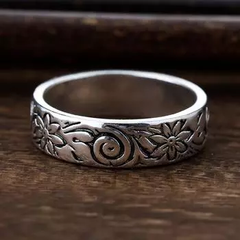 Винтажное серебряное кольцо с резной Сакурой для женщин, модное кольцо с цветком, индивидуальные аксессуары на палец 6 серебряный