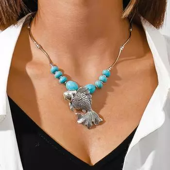 Винтажное серебряное ожерелье с подвеской в виде золотой рыбки, бирюзовое ожерелье с воротником в этническом стиле, женское серебряный