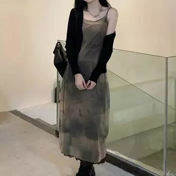 Винтажное сетчатое платье с принтом тай-дай, гранжевое готическое платье миди на бретельках, праздничное платье в корейском стиле Fairycore Vestidos, новинка лета S дубильная кора