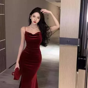 Винтажное сексуальное клубное выпускное красное платье для женщин с разрезом на бретельках, бархатное платье, пляжное облегающее платье миди для вечеринки, элегантное XL чёрный