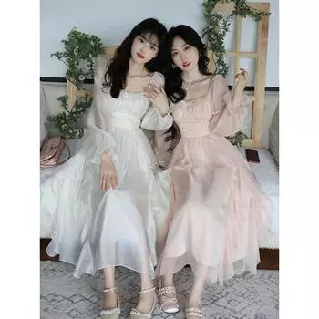 Винтажное шифоновое длинное платье феи, женское белое элегантное французское праздничное платье миди с пышными рукавами, повседневная женская одежда S белый