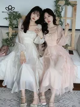 Винтажное шифоновое длинное платье феи, женское белое элегантное французское праздничное платье миди с пышными рукавами, повседневная женская одежда S розовый