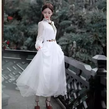 Винтажное шифоновое платье макси с длинными рукавами и вышивкой во французском стиле для женщин L белый