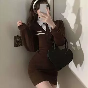 Винтажное школьное платье-рубашка женское в консервативном стиле ретро студенческое облегающее платье с запахом тонкие короткие платья-футляр осенняя мода S коричневый