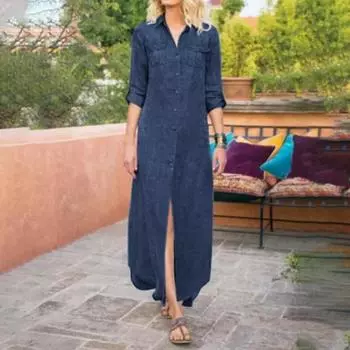 Винтажное синее женское джинсовое платье больших размеров, летнее элегантное свободное повседневное платье-рубашка с длинным рукавом, женская мода, однобортное длинное платье 1000 S чёрный