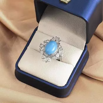 Винтажное синтетическое бирюзовое кольцо с открытой огранкой и полным цирконием adjustable opening белого золота
