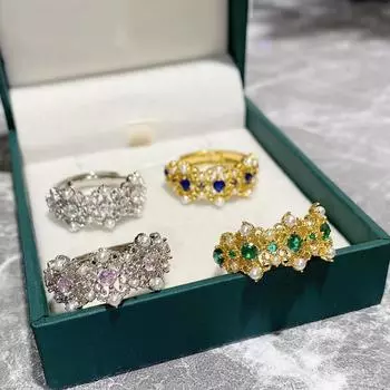 Винтажное средневековое женское кольцо с зеленой шпинелью, позолоченное кружевное кольцо с ажурным зеленым циркониевым жемчугом opening adjustable