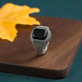 Винтажное тайское серебряное ремесло, регулируемый размер, персонализированное модное мужское модное открытое кольцо с квадратным ромбовидным узором