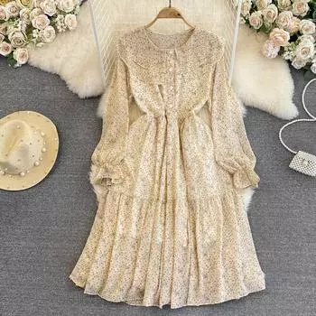 Винтажное темпераментное платье с длинным рукавом и круглым воротником в виде листьев лотоса и талии, тонкое платье с высокой талией и милым цветочным принтом