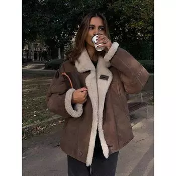 Винтажное теплое толстое пушистое пальто цвета хаки из искусственной кожи для женщин с длинным рукавом, большими лацканами, на одной пуговице, верхняя одежда, осенне-зимняя женская куртка S темно-коричневого