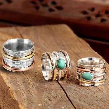 Винтажное трехцветное кольцо с бирюзовым покрытием, мужское и женское обручальное и свадебное кольцо из сплава 7