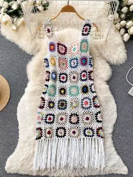 Винтажное трикотажное платье Sunmmer с вышивкой и цветочным принтом, женское тонкое платье с кисточками, уличная одежда, модный дизайн, новая одежда One Size белый