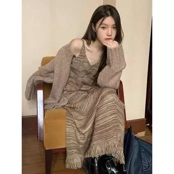 Винтажное трикотажное платье во французском стиле, женское осеннее полосатое тонкое жилет, длинные прямые платья S хаки