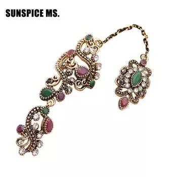 Винтажное турецкое кольцо на два пальца в виде цветка зелёный