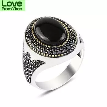 Винтажное турецкое кольцо-печатка ручной работы для мужчин и женщин, старинное серебряное кольцо с черным ониксом, ретро-исламское религиозное украшение 6