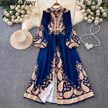 Винтажное вечернее платье для женщин с принтом, плиссированными рукавами-фонариками, Vestidos Button Designer Femme Robe Temperament Office Lady Ropa Mujer S абрикосовый