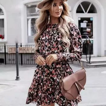 Винтажное весенне-летнее платье для женщин, модное платье с круглым вырезом и цветочным принтом, с длинными рукавами, женские повседневные платья, элегантные 17080 S орион
