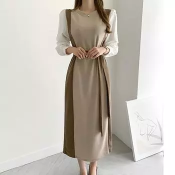 Винтажное весенне-осеннее женское длинное платье с круглым вырезом и длинными рукавами на шнуровке в стиле пэчворк, женское платье-свитер, тонкое вязаное платье, Vestidos 2021 One Size бежевый/чёрный