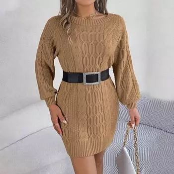 Винтажное витое трикотажное платье с круглым вырезом, повседневное платье-свитер с фонариками и длинными рукавами, элегантное теплое однотонное женское трикотажное платье, Vestidos 29889 S серый