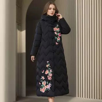 Винтажное вышитое хлопковое пальто средней длины в китайском стиле с широким кроем M ярко-розовый