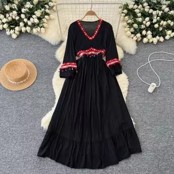 Винтажное вышитое V-образное вырезное платье для женщин с пайетками и кисточками, пляжное, повседневное платье А-силуэта, цельное, Vestido Mujer, новое One Size чёрный