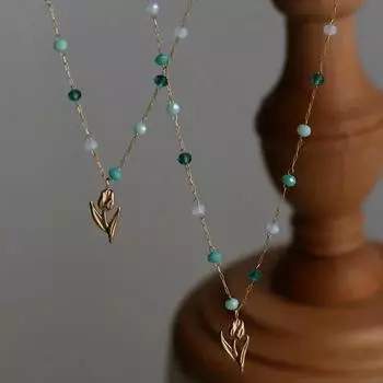 Винтажное зеленое элегантное ожерелье с текстурой цветка тюльпана ручной работы, ожерелье-тюльпан, цепочка, простая цепочка, модное ожерелье, базовые ювелирные изделия A