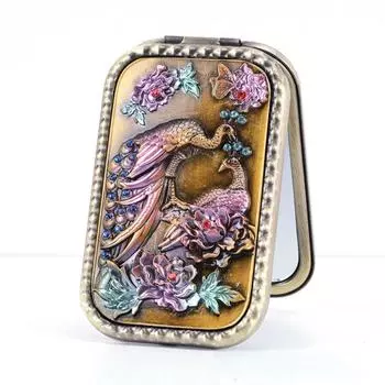 Винтажное зеркало для макияжа Ретро павлин Компактное карманное зеркало Двустороннее Ажурное Косметическое складное зеркало Зеркало для одевания Подарок