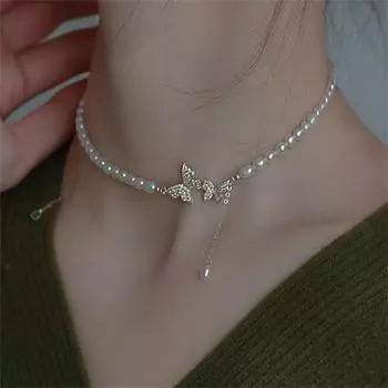 Винтажное жемчужное ожерелье с подвеской-бабочкой, подвески серебристого цвета, украшения на шею для женщин, вечерние A3-c-SP002