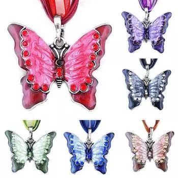 Винтажное женское эмалированное ожерелье с подвеской в форме бабочки и стразами, вечерние ювелирные изделия, подарок зелёный/серебряный