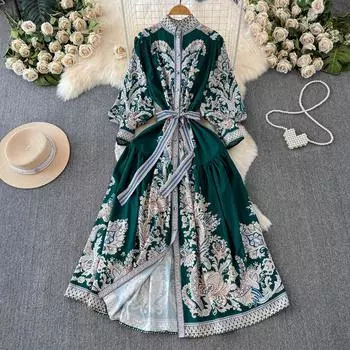 Винтажное женское длинное платье весна-осень с цветочным принтом, воротник-стойка, элегантное однобортное платье со шнуровкой и поясом, плиссированное макси-платье One Size чёрный