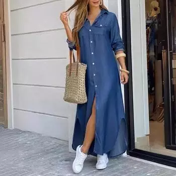 Винтажное женское джинсовое синее платье-рубашка на пуговицах с длинными рукавами XXXXXL