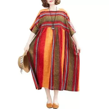 Винтажное женское хлопково-льняное платье в полоску с принтом и круглым вырезом и половиной рукавов, свободное повседневное платье One Size хаки